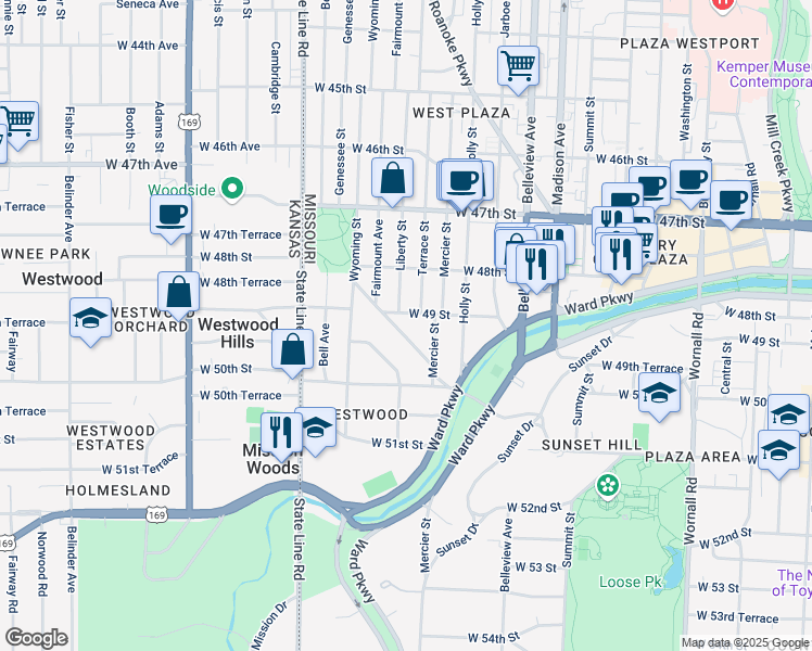 map of restaurants, bars, coffee shops, grocery stores, and more near 4919 Westwood Road in Kansas City