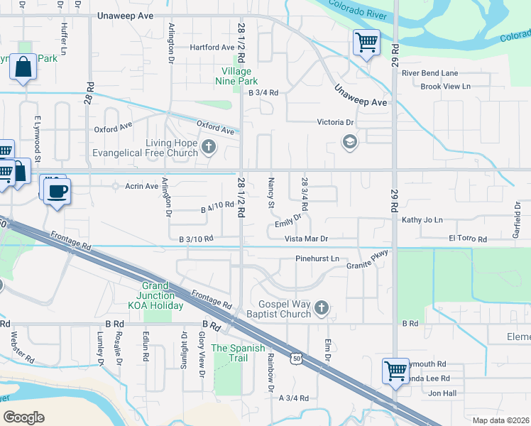 map of restaurants, bars, coffee shops, grocery stores, and more near 239 Nancy Street in Grand Junction