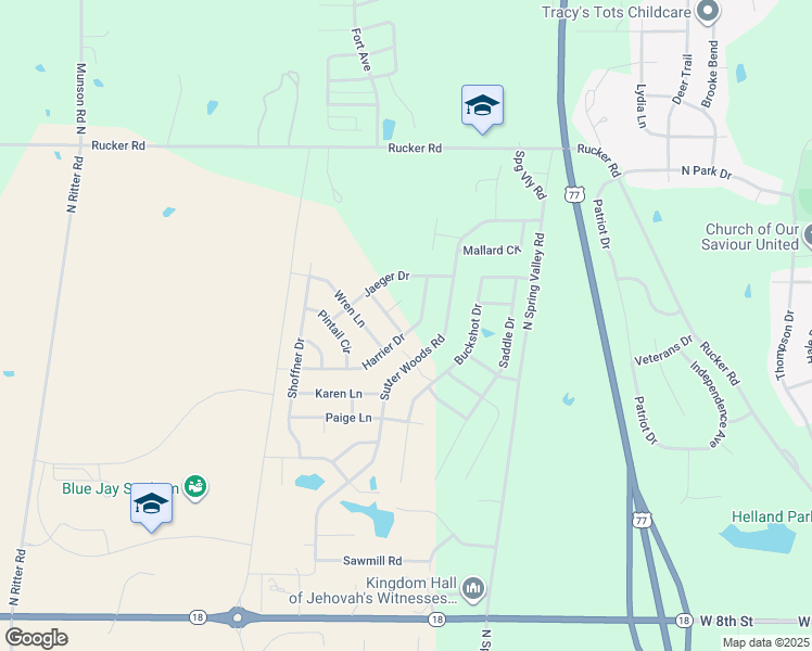 map of restaurants, bars, coffee shops, grocery stores, and more near Harrier Drive in Junction City