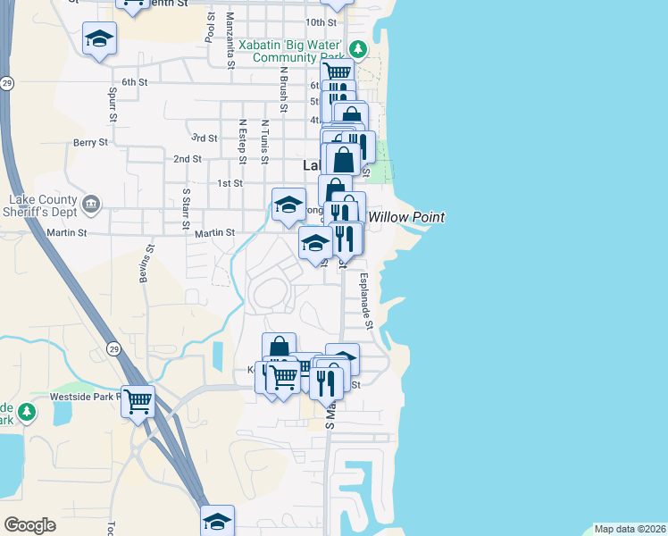 map of restaurants, bars, coffee shops, grocery stores, and more near 401 South Main Street in Lakeport
