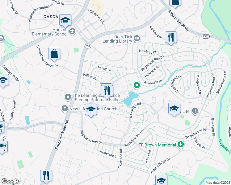 map of restaurants, bars, coffee shops, grocery stores, and more near 218 Willow Terrace in Sterling