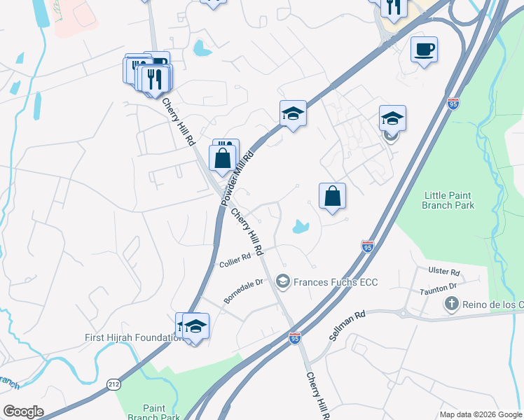map of restaurants, bars, coffee shops, grocery stores, and more near 3509 Cherryvale Drive in Beltsville