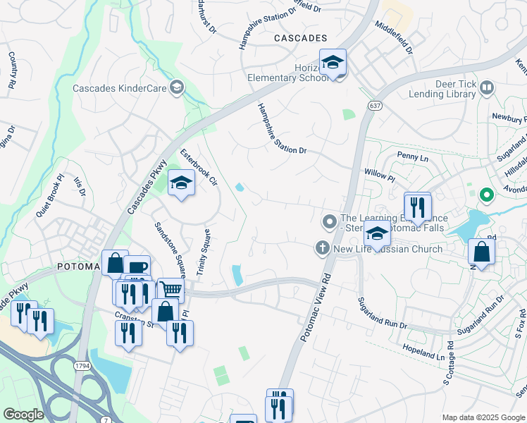 map of restaurants, bars, coffee shops, grocery stores, and more near 23 Oak Lane in Sterling
