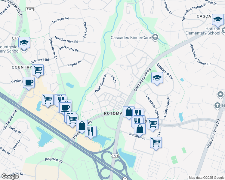 map of restaurants, bars, coffee shops, grocery stores, and more near 46175 Westridge Dr in Sterling