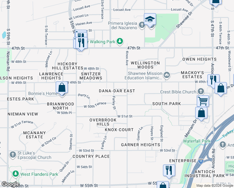 map of restaurants, bars, coffee shops, grocery stores, and more near 9804 West 49th Place in Shawnee