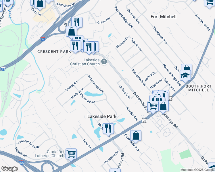 map of restaurants, bars, coffee shops, grocery stores, and more near 65 Arcadia Avenue in Lakeside Park