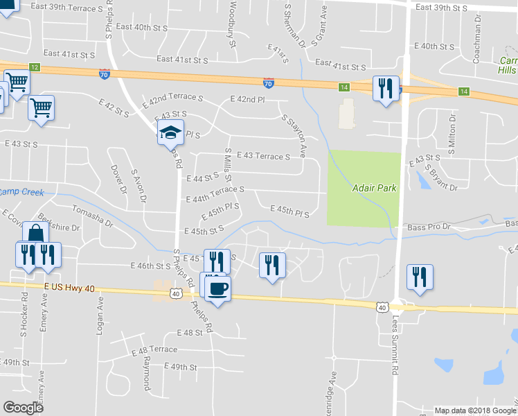 map of restaurants, bars, coffee shops, grocery stores, and more near 15607 East 45th Place South in Independence