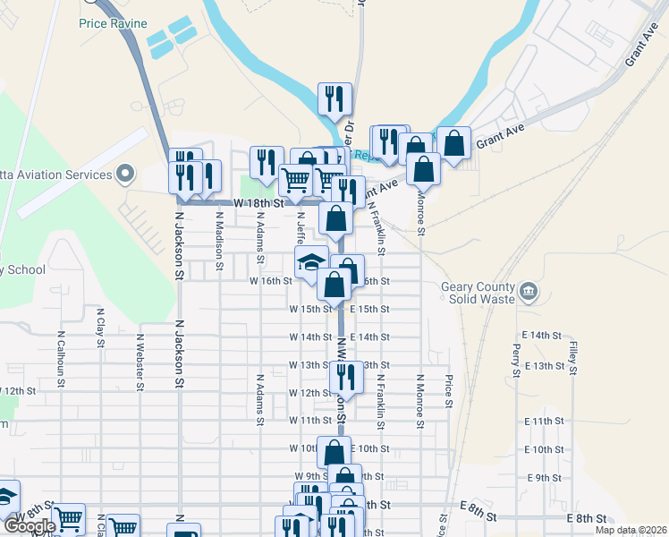map of restaurants, bars, coffee shops, grocery stores, and more near 1622 North Washington Street in Junction City