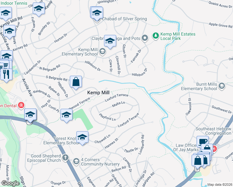 map of restaurants, bars, coffee shops, grocery stores, and more near 933 Loxford Terrace in Silver Spring