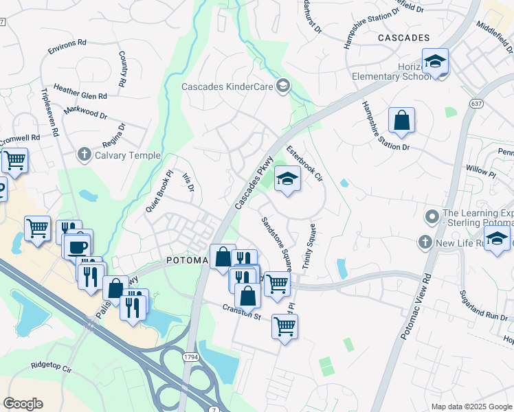 map of restaurants, bars, coffee shops, grocery stores, and more near 46320 Haven Terrace in Sterling