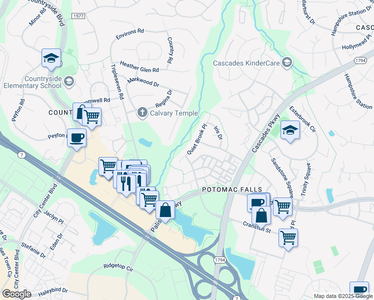 map of restaurants, bars, coffee shops, grocery stores, and more near 20799 Quiet Brook Place in Sterling