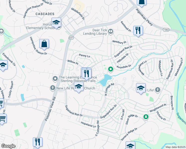 map of restaurants, bars, coffee shops, grocery stores, and more near 216 Willow Terrace in Sterling