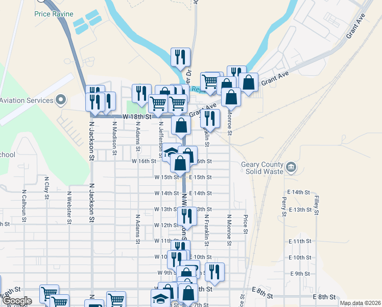 map of restaurants, bars, coffee shops, grocery stores, and more near 1622 North Washington Street in Junction City