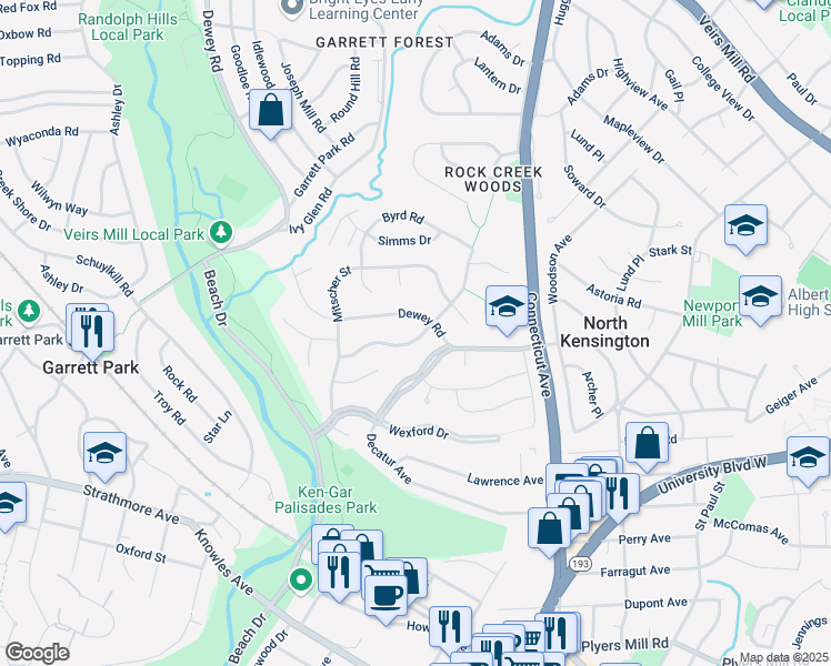 map of restaurants, bars, coffee shops, grocery stores, and more near 4005 Spruell Drive in Kensington