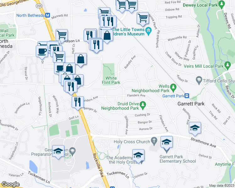 map of restaurants, bars, coffee shops, grocery stores, and more near 5107 Flanders Avenue in Kensington