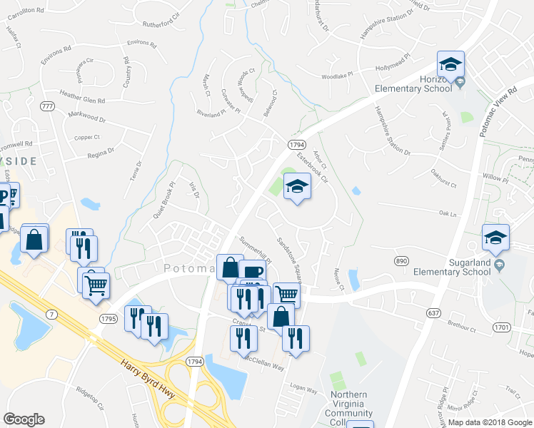 map of restaurants, bars, coffee shops, grocery stores, and more near 46322 Haven Terrace in Potomac Falls