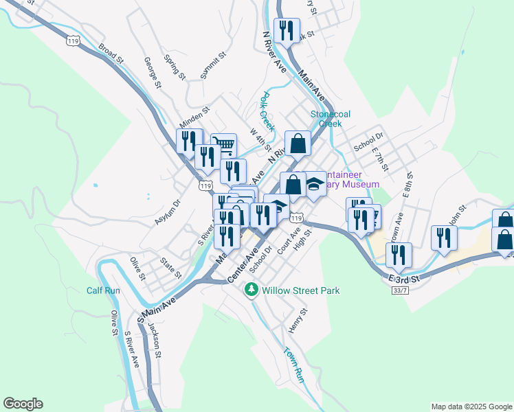 map of restaurants, bars, coffee shops, grocery stores, and more near 245 Main Avenue in Weston