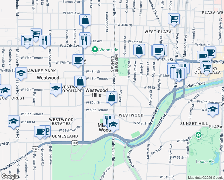map of restaurants, bars, coffee shops, grocery stores, and more near 4914 State Line Road in Westwood Hills