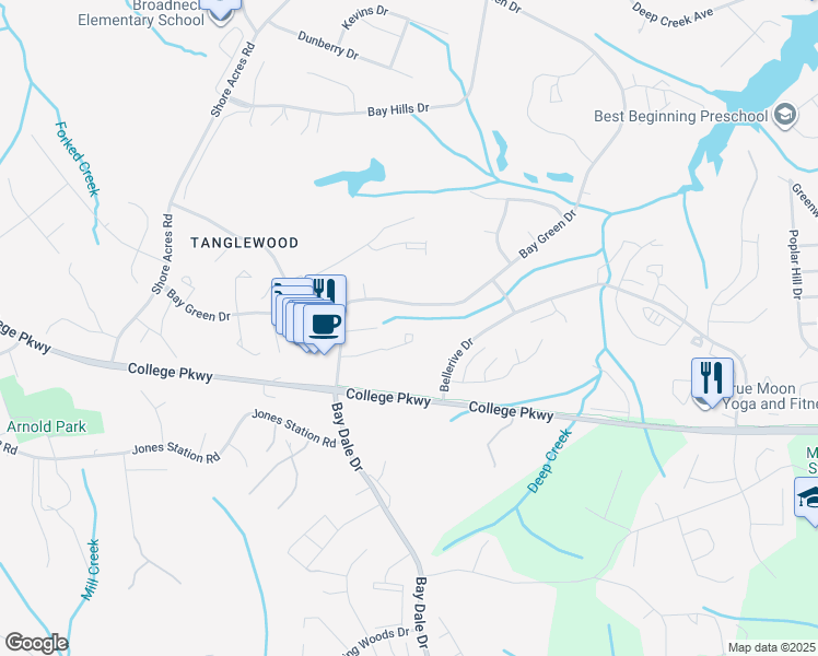 map of restaurants, bars, coffee shops, grocery stores, and more near 570 Bay Dale Court in Arnold