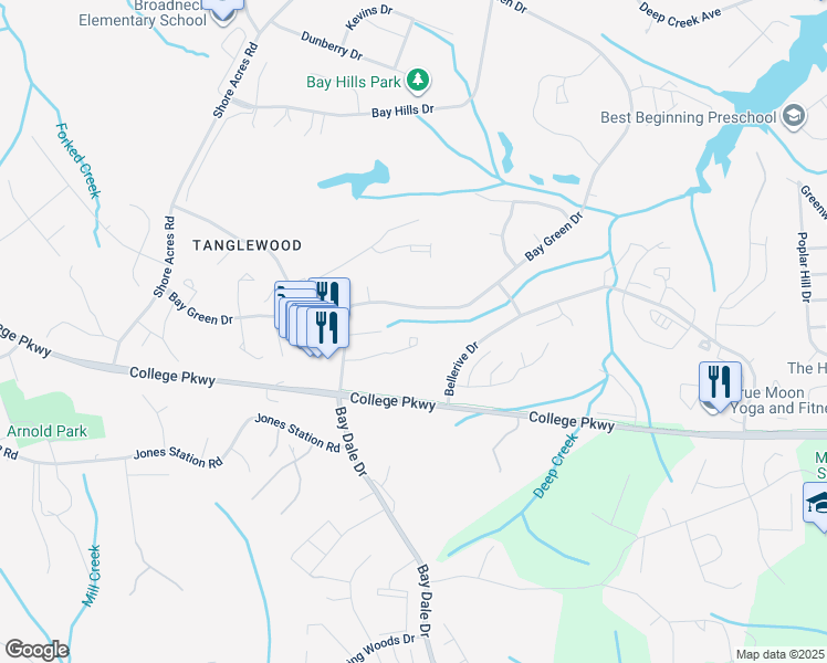 map of restaurants, bars, coffee shops, grocery stores, and more near 570 Bay Dale Court in Arnold