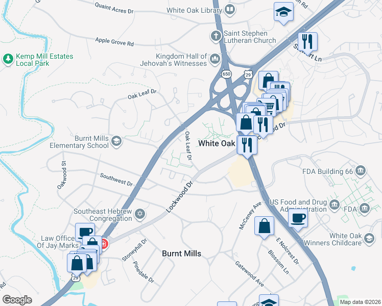 map of restaurants, bars, coffee shops, grocery stores, and more near 11225 Oak Leaf Drive in Silver Spring