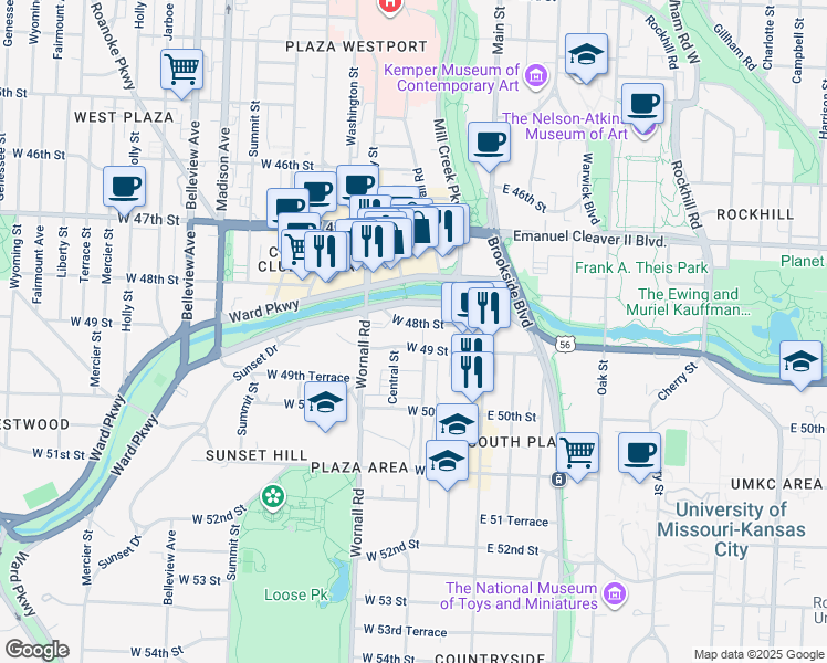 map of restaurants, bars, coffee shops, grocery stores, and more near 221 West 48th Street in Kansas City