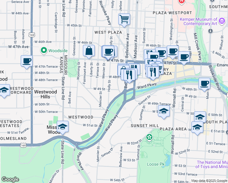 map of restaurants, bars, coffee shops, grocery stores, and more near 4907 Holly Street in Kansas City