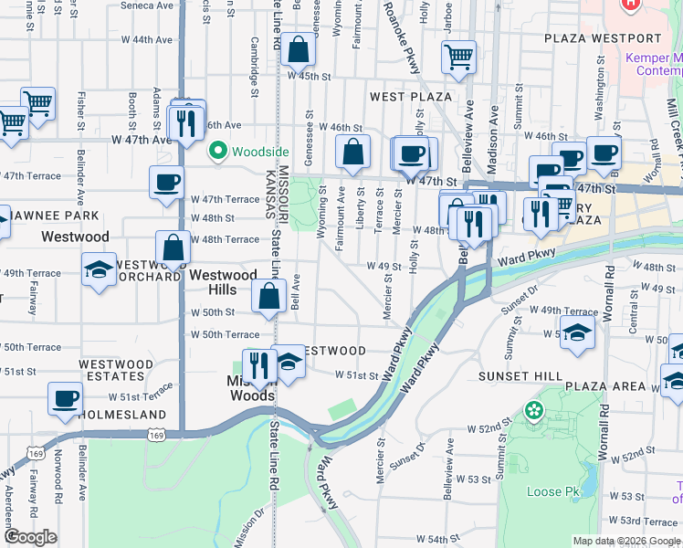 map of restaurants, bars, coffee shops, grocery stores, and more near 4917 Wyoming Street in Kansas City
