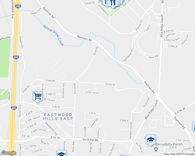 map of restaurants, bars, coffee shops, grocery stores, and more near 4601 Wallace Avenue in Kansas City