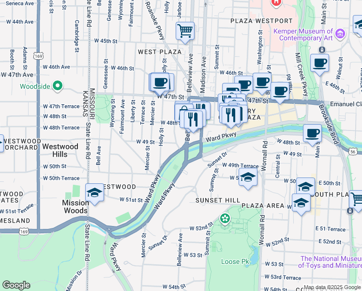map of restaurants, bars, coffee shops, grocery stores, and more near 1010 Ward Parkway in Kansas City