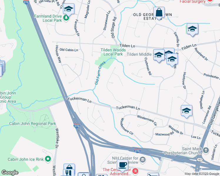 map of restaurants, bars, coffee shops, grocery stores, and more near 11117 Whisperwood Lane in Rockville