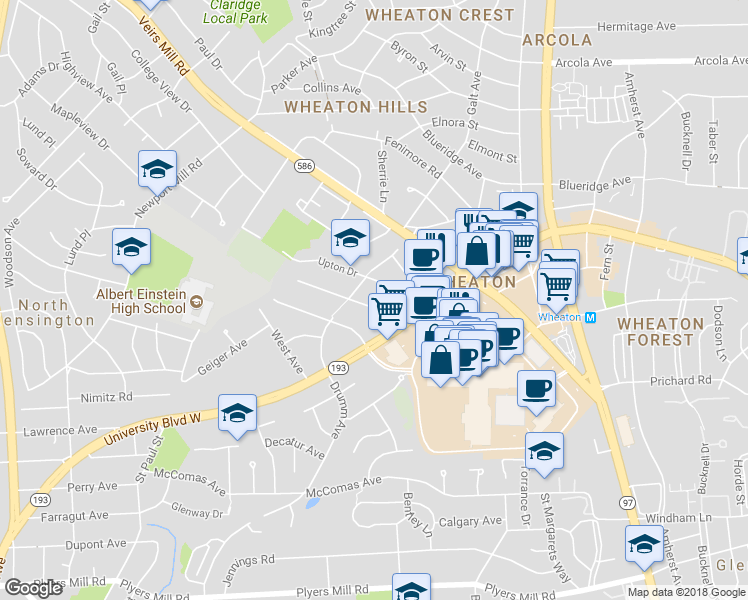 map of restaurants, bars, coffee shops, grocery stores, and more near 11115 Midvale Road in Kensington