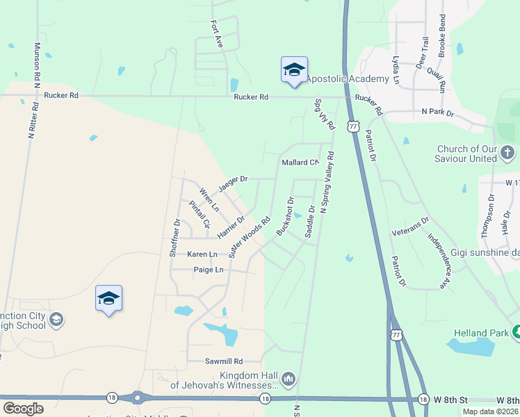 map of restaurants, bars, coffee shops, grocery stores, and more near 1802 Sutter Woods Road in Junction City
