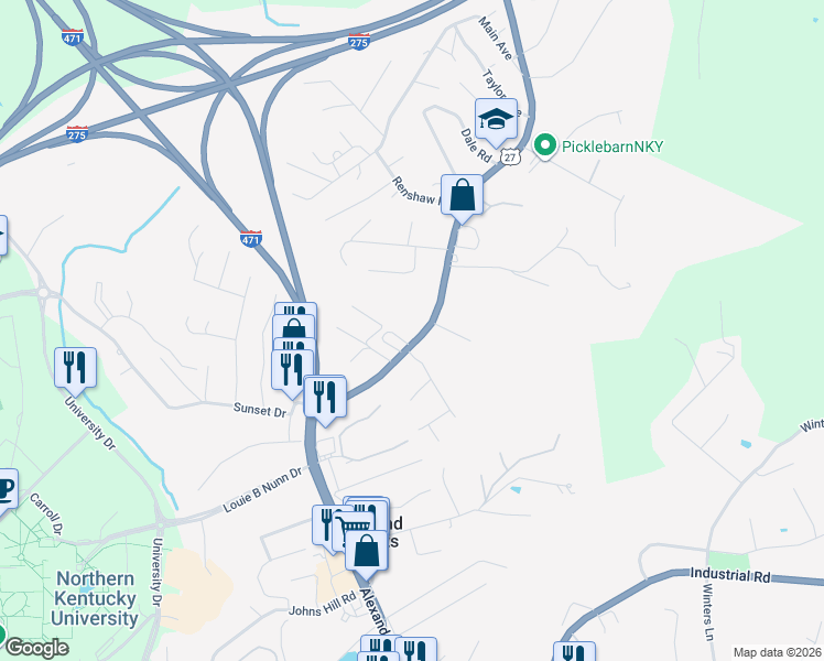 map of restaurants, bars, coffee shops, grocery stores, and more near 2414 Alexandria Pike in Highland Heights