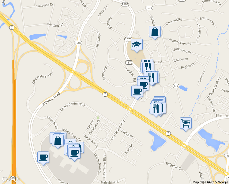 map of restaurants, bars, coffee shops, grocery stores, and more near 117 Peyton Road in Sterling