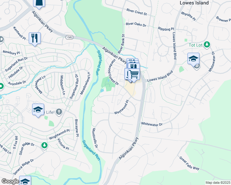 map of restaurants, bars, coffee shops, grocery stores, and more near 20816 Miranda Falls Square in Sterling