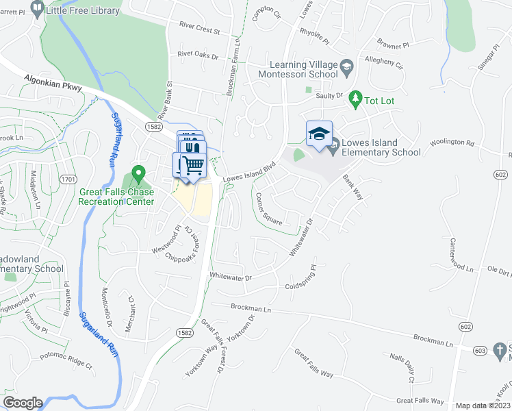 map of restaurants, bars, coffee shops, grocery stores, and more near 47607 Comer Square in Sterling