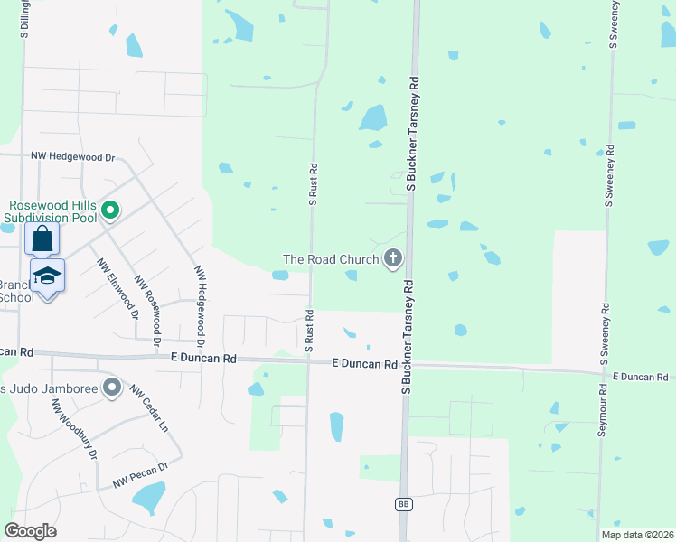 map of restaurants, bars, coffee shops, grocery stores, and more near 4101 South Rust Road in Grain Valley