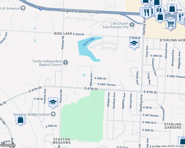 map of restaurants, bars, coffee shops, grocery stores, and more near 10505 East 45th Place in Kansas City