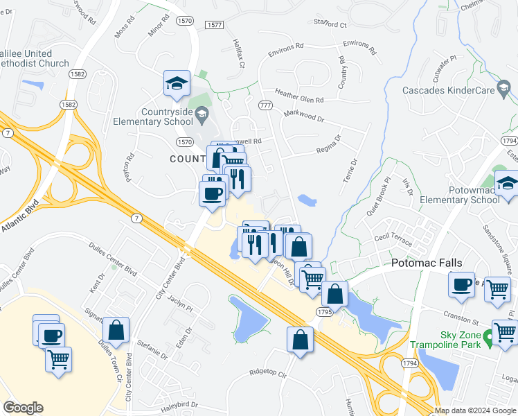 map of restaurants, bars, coffee shops, grocery stores, and more near 112 Westwick Court in Potomac Falls