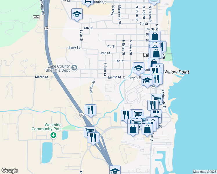 map of restaurants, bars, coffee shops, grocery stores, and more near 1025 Martin Street in Lakeport