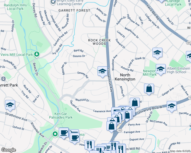 map of restaurants, bars, coffee shops, grocery stores, and more near 11410 Cam Court in Kensington