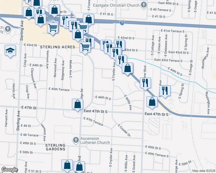 map of restaurants, bars, coffee shops, grocery stores, and more near 12200 East 45th Terrace South in Independence