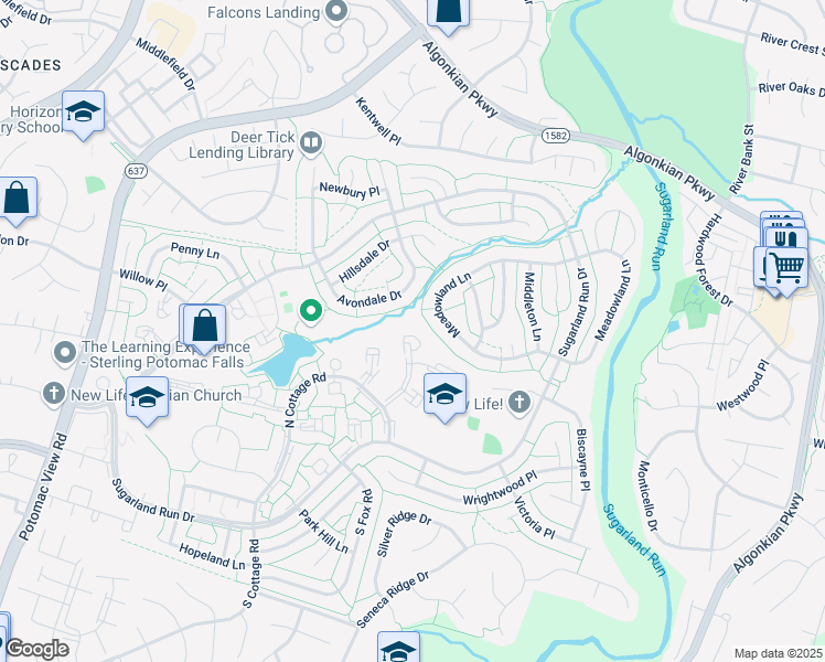map of restaurants, bars, coffee shops, grocery stores, and more near 44 Monarch Drive in Sterling