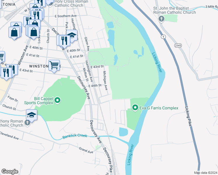 map of restaurants, bars, coffee shops, grocery stores, and more near 4411 Michigan Avenue in Covington