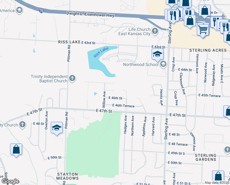 map of restaurants, bars, coffee shops, grocery stores, and more near 10606 East 46th Street in Kansas City