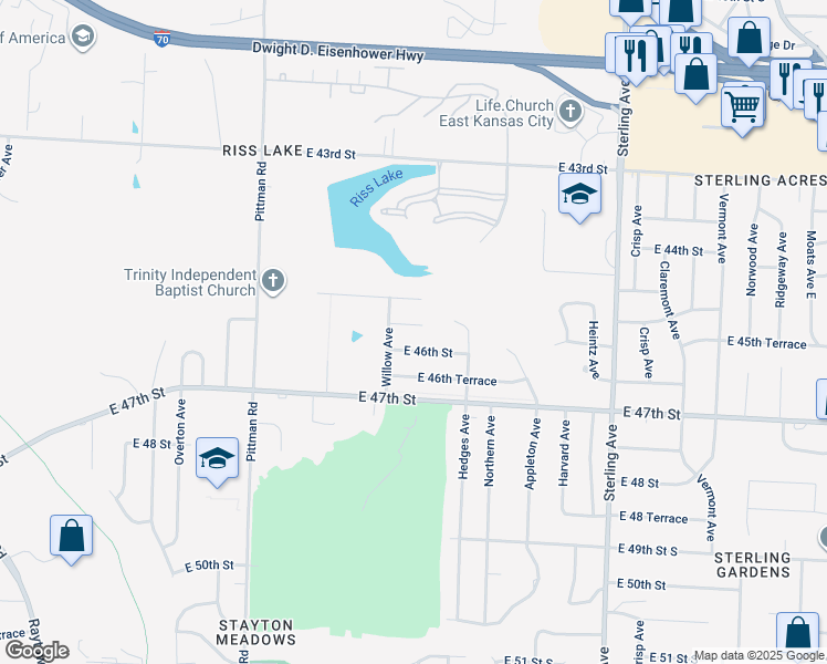 map of restaurants, bars, coffee shops, grocery stores, and more near 10500 East 46th Street in Kansas City