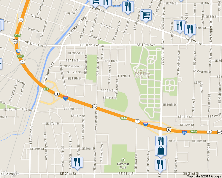 map of restaurants, bars, coffee shops, grocery stores, and more near 1427 Southeast 13th Street in Topeka