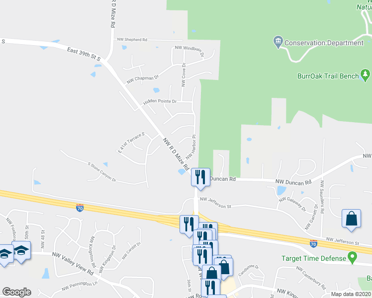 map of restaurants, bars, coffee shops, grocery stores, and more near 1906 Northwest Harbor Court in Blue Springs