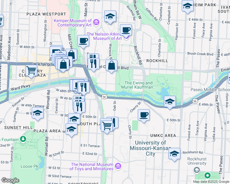 map of restaurants, bars, coffee shops, grocery stores, and more near 4534 Oak Street in Kansas City